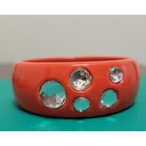 Vintage 80's Red Chunky Lucite Plastic Bangle Bracelet with Rhinestones